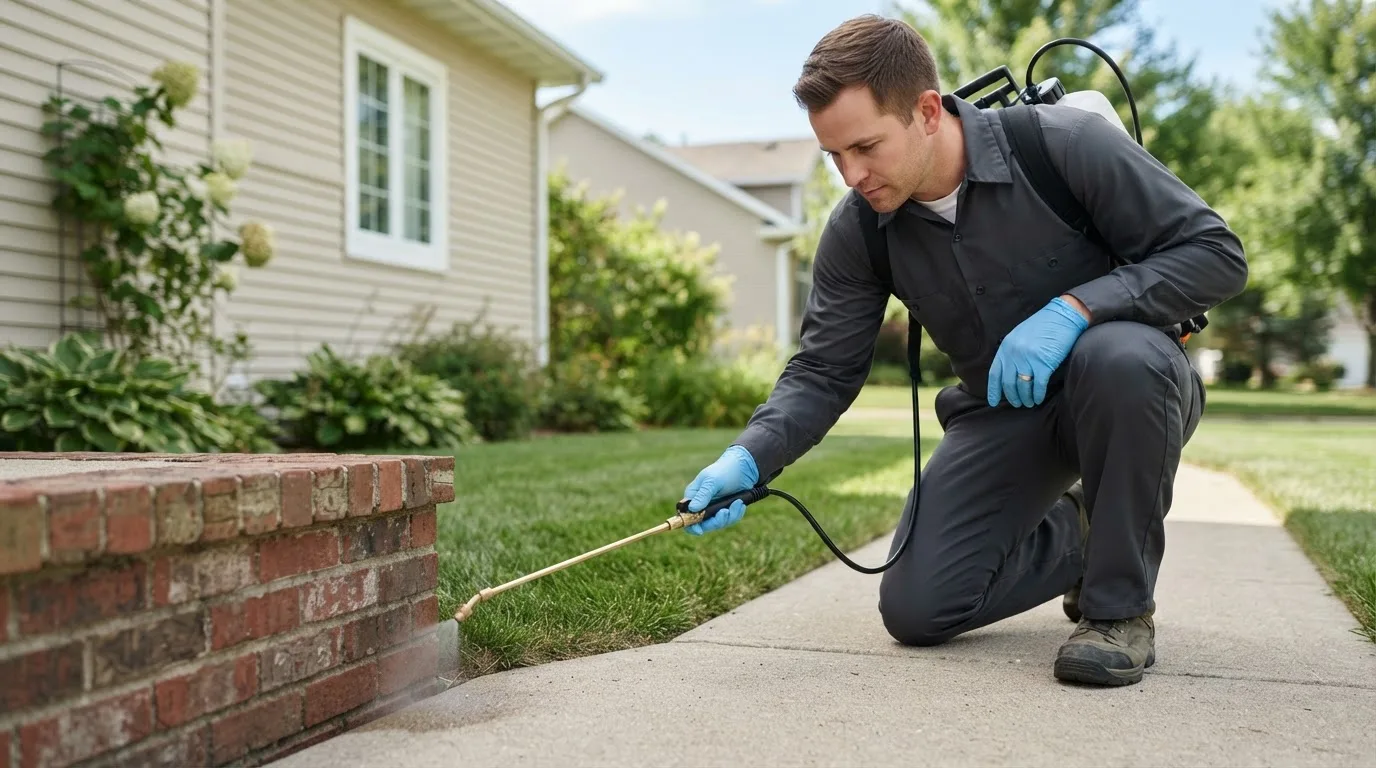 Pest control technician treating a home near Pukwana, SD